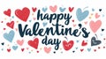 Romantic calligraphic text happy valentine s day with heart symbols on a clean white background