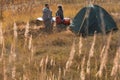 Romantic camping couple tent meadow fall nature