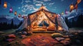 romantic camping tent at night, beautifully decorated in a boho fashion at mountains