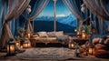 romantic camping tent at night, beautifully decorated in a boho fashion at mountains