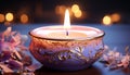 Romantic candle burning, illuminating celebration with vibrant, glowing flame generated by AI