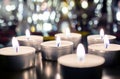 7 Romantic Candle Lights On Wooden Table With Bokeh At Night And Vintage Look