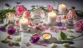 Romantic candlelight, burning flame, petals of love, scented relaxation, natural beauty generated by AI
