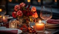 Romantic candlelight, wine, and flowers illuminate the elegant table generated by AI Royalty Free Stock Photo