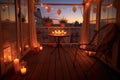romantic candlelit balcony with a table, chair, and soft glowing lanterns
