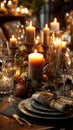 Romantic Candlelit Christmas Dinner Table with Rustic Natural Decor Royalty Free Stock Photo