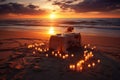 Romantic candlelit dinner on the beach at sunset with mesmerizing sea view at a luxurious resort Royalty Free Stock Photo