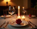 A romantic candlelit dinner with a red rose centerpiece Royalty Free Stock Photo