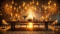 Romantic candlelit dinner scene with hanging glass lights and elegant wooden table. Generative AI Royalty Free Stock Photo