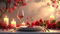 Romantic candlelit dinner setting with roses, wine glass, and elegant tableware, creating warm and intimate atmosphere. Generative Royalty Free Stock Photo