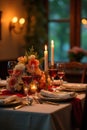 Romantic candlelit dinner setting with wine glasses, flowers, and elegant tableware. Generative AI Royalty Free Stock Photo