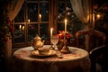 Romantic candlelit dinner at a table by Generative Ai Royalty Free Stock Photo