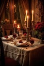romantic candlelit dinner table setting Royalty Free Stock Photo