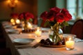 Romantic candlelit dinner table setting with red roses and chocolates. Generative AI Royalty Free Stock Photo