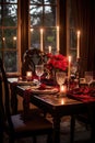 romantic candlelit dinner table setup with roses Royalty Free Stock Photo