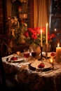 romantic candlelit dinner table setup with roses Royalty Free Stock Photo