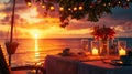 A romantic candlelit dinner table for two, adorned with flowers and soft lighting, set against a beautiful sunset backdrop