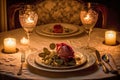 Romantic candlelit dinner for valentines day, plates with roses, Generative AI