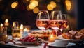 Romantic candlelit dinner, wineglass, wine bottle, delicious food, cozy ambiance generated by AI Royalty Free Stock Photo