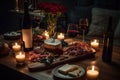 A romantic, candlelit setting, showcasing a bottle of red wine, accompanied by two wine glasses, a charcuterie board, and a Royalty Free Stock Photo