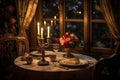 Romantic candlelit table with a candles and flowers by Generative Ai Royalty Free Stock Photo