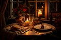 Romantic candlelit table setting for two with a candles and flowers by Generative Ai