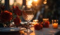 Romantic candlelit table, wineglass, and flower bouquet generated by AI