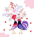 Romantic card with couple of cute cartoon birds with hearts and bouquet of garden flowers isolated on white background. Royalty Free Stock Photo