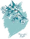 Romantic card with flying swallows and bloomig tree branches Royalty Free Stock Photo