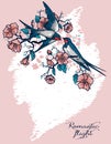 Romantic card with flying swallows and bloomig tree branches Royalty Free Stock Photo