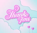 Romantic card with handwritten text thank you. Pastel colors, paper style. Pink Inscription in the clouds with hearts. Royalty Free Stock Photo