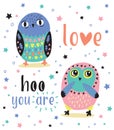 Romantic card with two cute owls. Love hoo you are Royalty Free Stock Photo