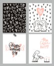 Romantic cards set. Four Valentine`s day cards with cute Rabbit and hearts. Vector Illustration.