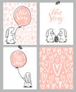 Romantic cards set. Four Valentine`s day cards with cute Rabbit and hearts. Vector Illustration.