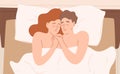 Romantic cartoon couple in bed vector flat illustration. Happy man and woman hugging feeling love and tenderness after Royalty Free Stock Photo