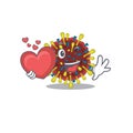 A romantic cartoon design of corona virus molecule holding heart