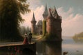 A Romantic Castle with a Moat and Drawbridge (Generative AI) Royalty Free Stock Photo