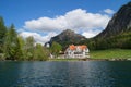 romantic Neuschwanstein castle and restaurant Zur Alpenrose in the Alps (Bavaria, Germany) Royalty Free Stock Photo