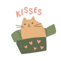 Romantic cat in box for Valentines day card with text kisses. Lovely isolated element, cute vector illustration. Royalty Free Stock Photo