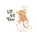 Romantic cat for Valentines day card with garland from hearts. Text love you Vector funny kitty illustration Royalty Free Stock Photo