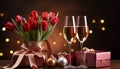 Romantic celebration gift of love, champagne, decoration, and flowers generated by AI Royalty Free Stock Photo