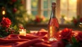 Romantic celebration sparkling wine, roses, and candlelight on a rich red fabric drape. Generative AI Royalty Free Stock Photo