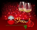 Romantic Celebration Of Valentine`s Day With Wine, Roses and Engagement ring Royalty Free Stock Photo