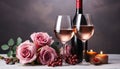 Romantic celebration wine, candle, love, elegance, bouquet, glass, nature generated by AI