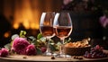 Romantic celebration wine, food, flower, candle, love, elegance, outdoors generated by AI