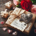 Heart, Gift, and Rose Create a Greeting Card Scene on Rustic Wooden Table. Generative ai for illustrations Royalty Free Stock Photo