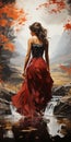 Romantic Charm: Woman In Red Dress Beside Autumn Stream