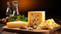 Romantic cheese delicatessen with walnuts and crackers on a wooden plate for wine pairing Royalty Free Stock Photo