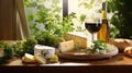 Romantic cheese delicatessen with wine pairing bright bokeh background high key image Royalty Free Stock Photo