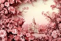 Romantic Cherry Blossoms with Castle in Pink, Pastel Colors - Spring Sakura Bloom